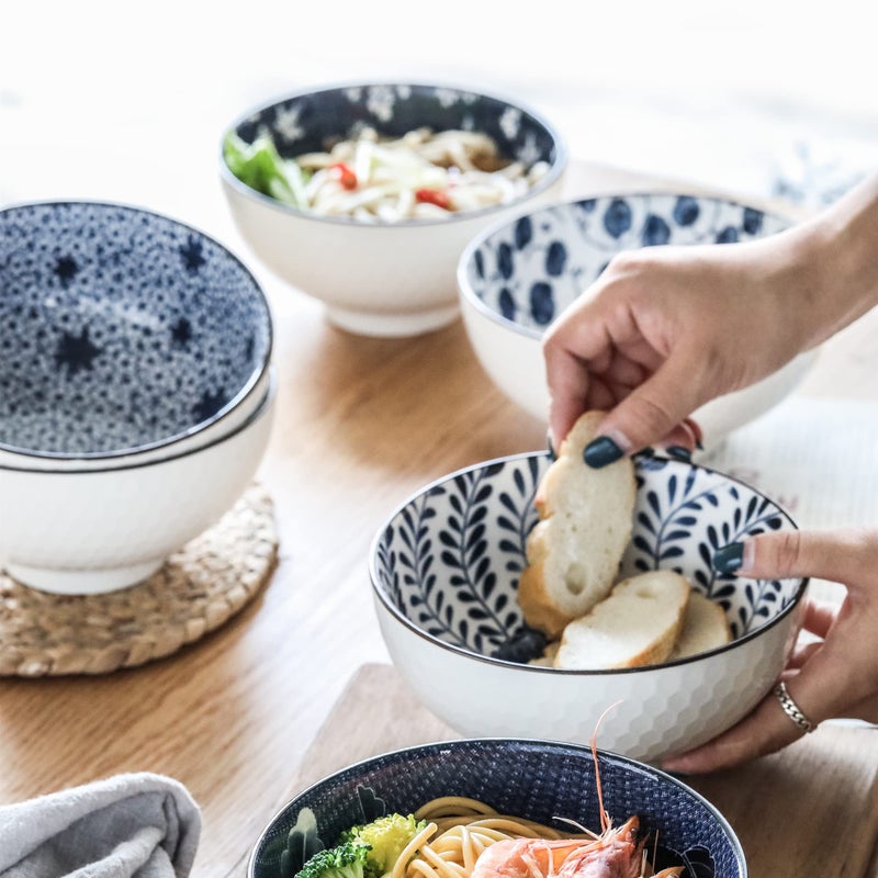 Swuut Japanese Style Ceramic Cereal Bowls,24 Ounces Salad,Soup Ramen Pho Salad Bowl Set of 6,Blue and White Floral Microwave Safe for Kitchen (6 inch) - Image 4